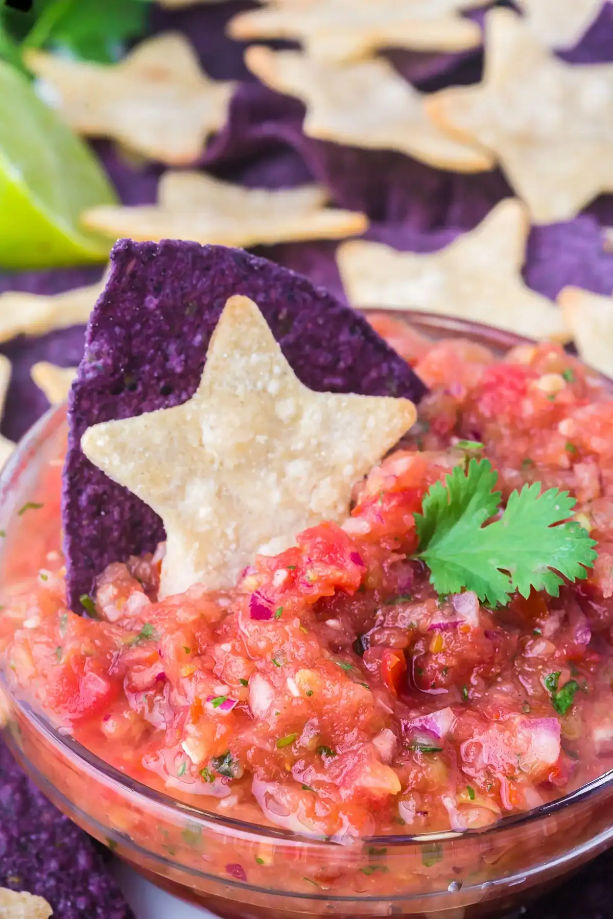 homemade salsa in a glass bowl with star shaped tortilla chips
