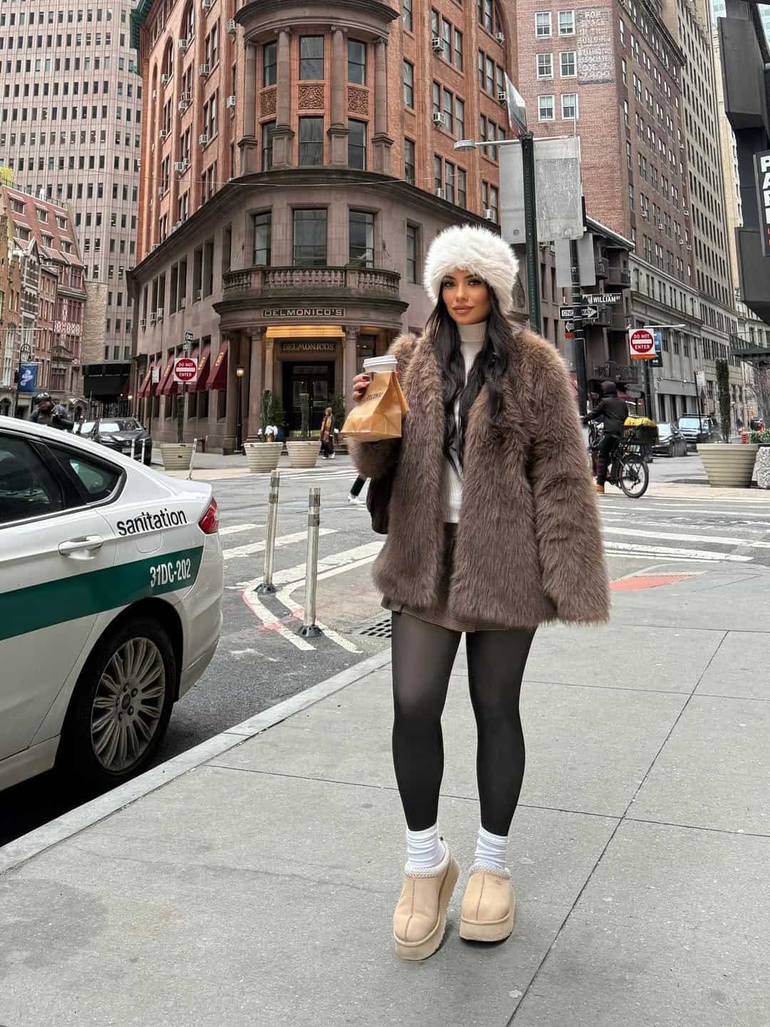 woman in faux fur coat and white fuzzy hat holding coffee on a new york street