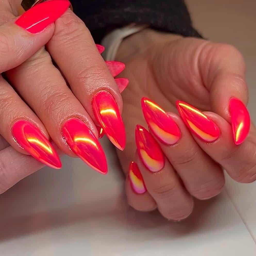 pointy, bright neon pink metallic nails