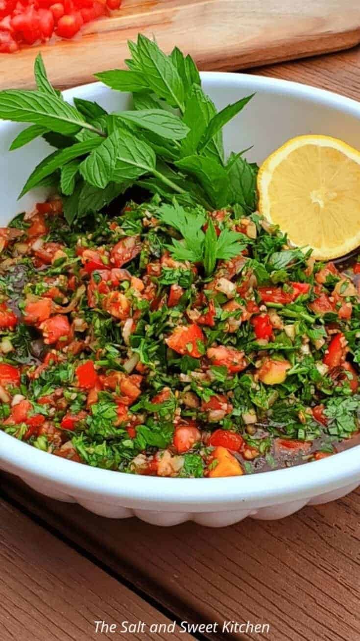 fresh tabbouleh salad with chopped tomatoes, parsley, and herbs served with lemon slices.