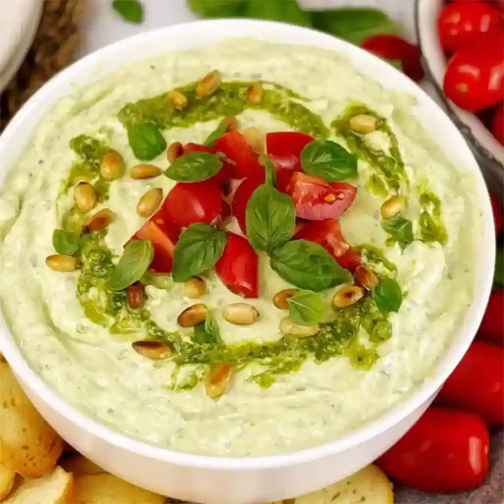 creamy whipped pesto dip topped with pine nuts, fresh basil, and tomatoes