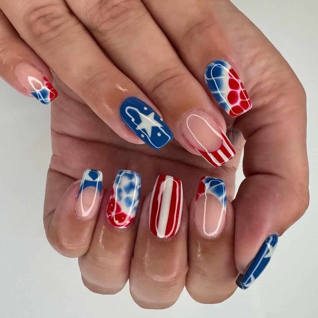 square nails with red, white, and blue marble and american flag nail art.