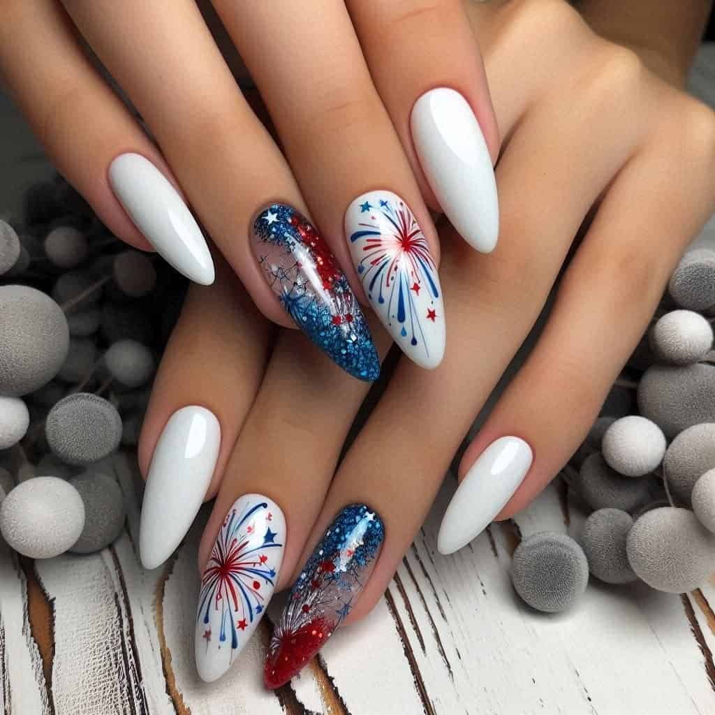 white almond nails featuring red and blue firework designs and glitter accents.