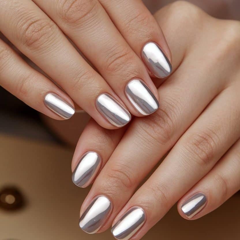short square nails with a reflective, high-shine metallic silver chrome finish.