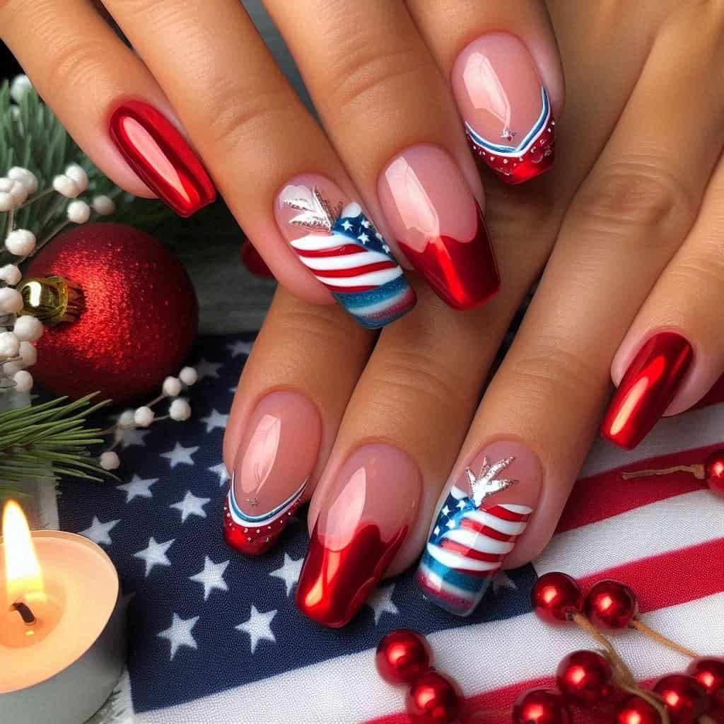 red chrome nails and american flag art next to holiday decorations and a candle.
