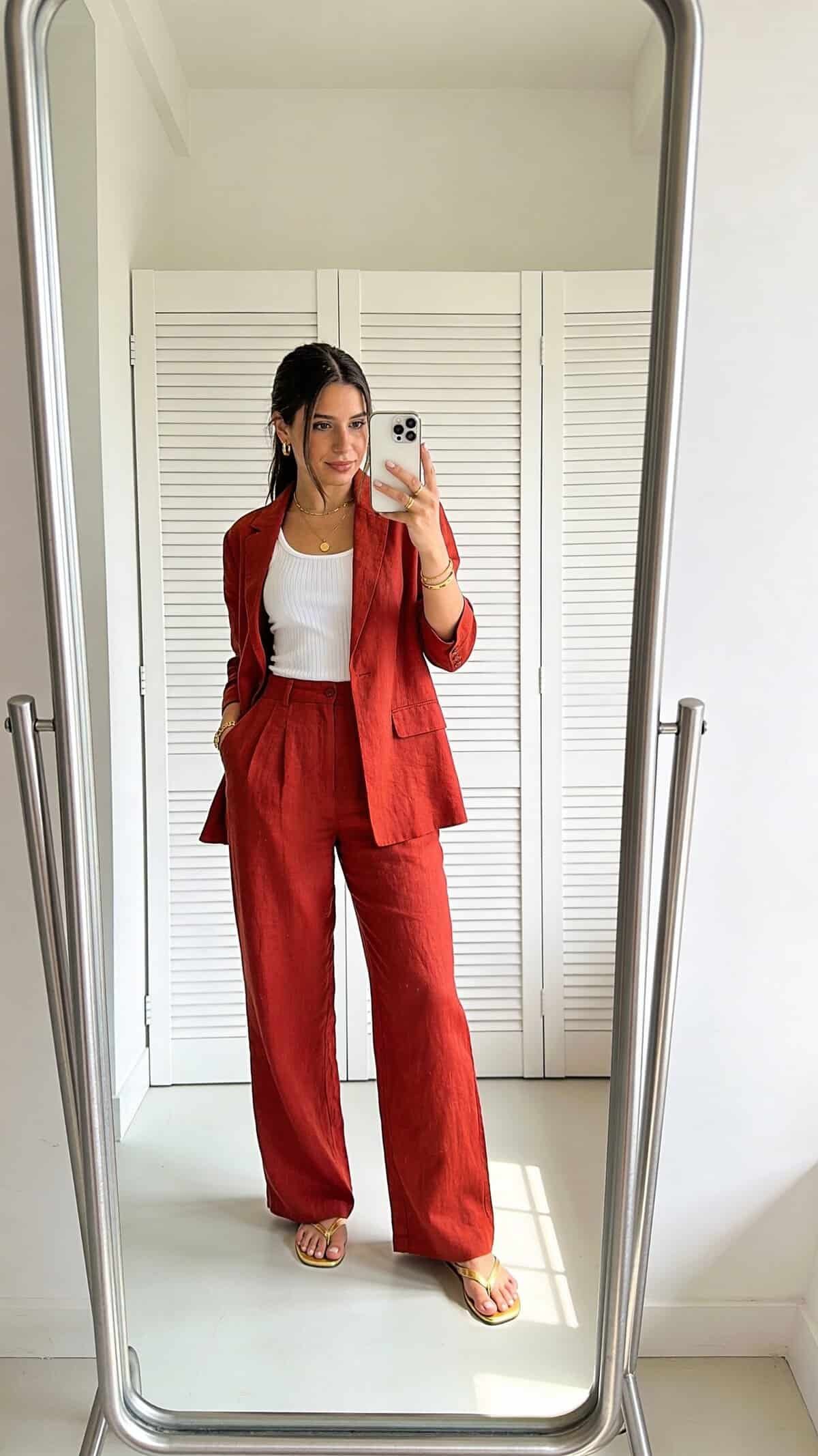 woman in red linen suit and white tank top taking a mirror selfie.