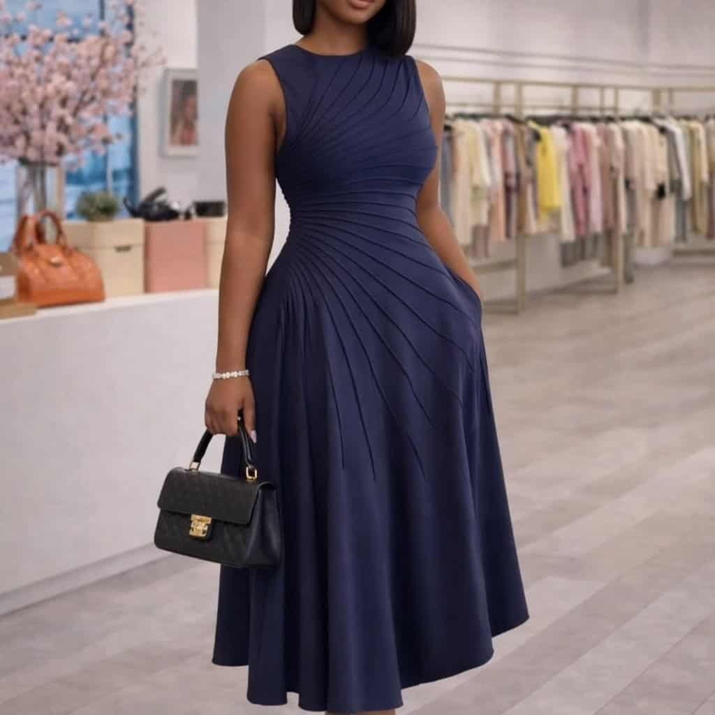 elegant sleeveless navy blue summer dress with pleated details worn inside a clothing boutique