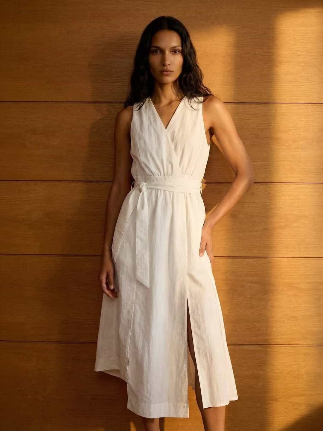 woman standing against a wooden wall wearing a white linen wrap dress