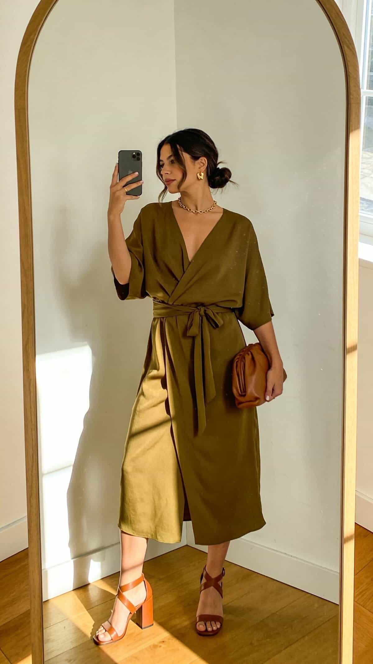 woman wearing olive green v-neck midi wrap dress with tan block heels