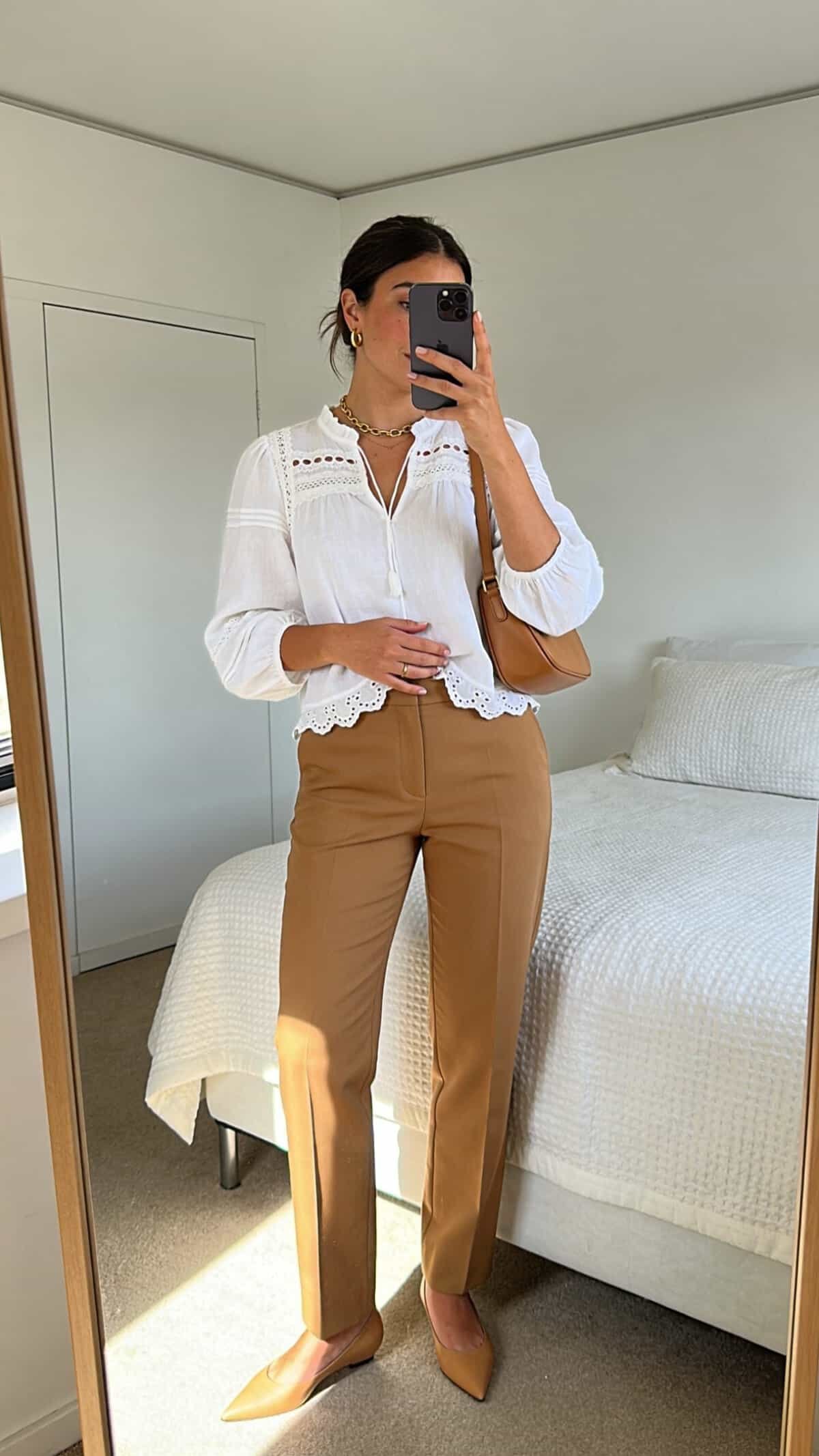 woman wearing white long sleeve eyelet blouse and tan trousers for a summer work outfit