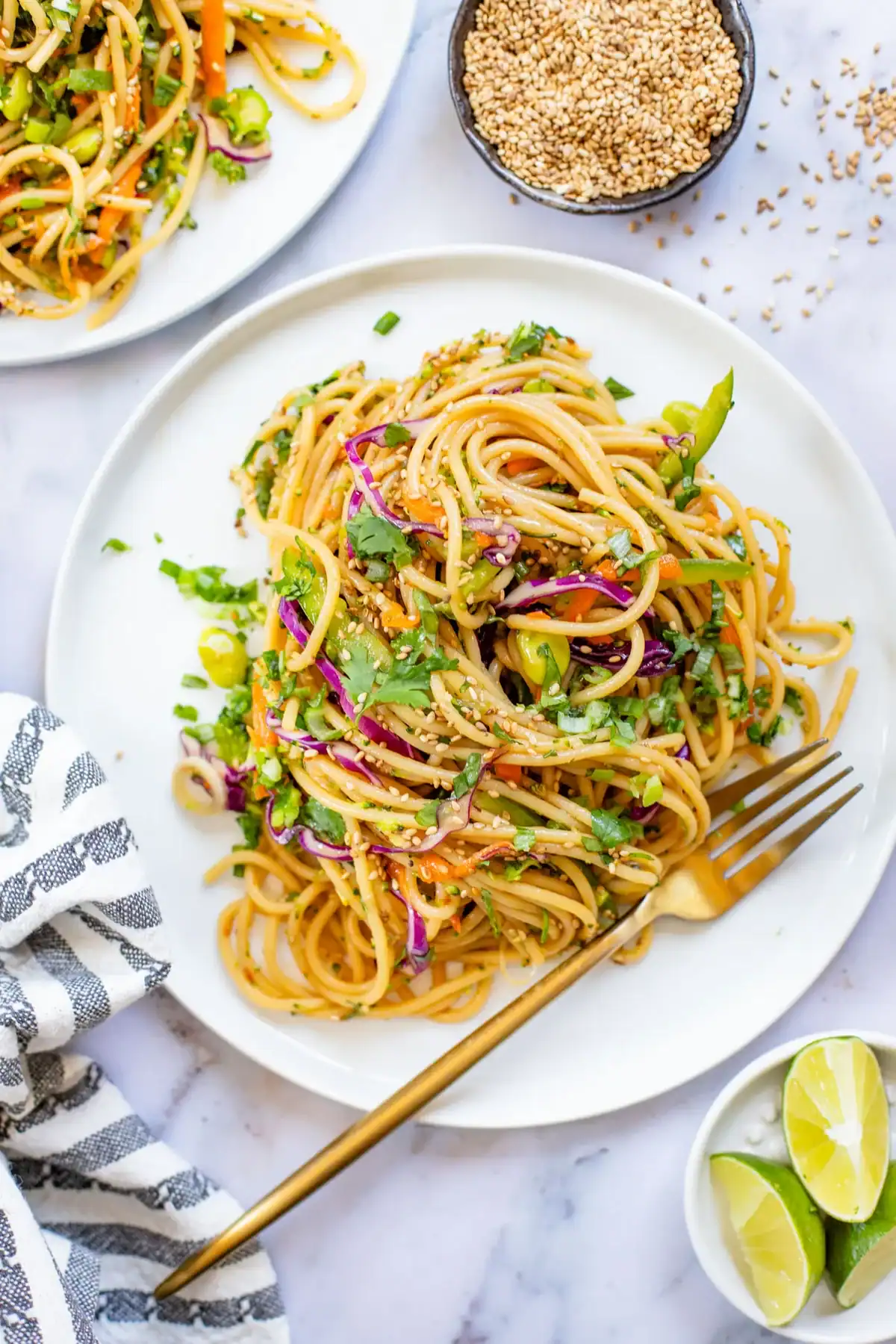 plate of sesame ginger noodle salad with edamame, shredded carrots, and toasted sesame seeds