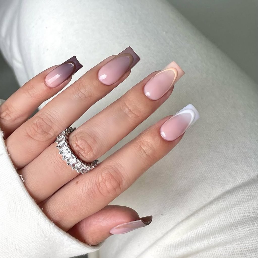 long square french tip fall nails featuring gradient shades of brown, beige, and white