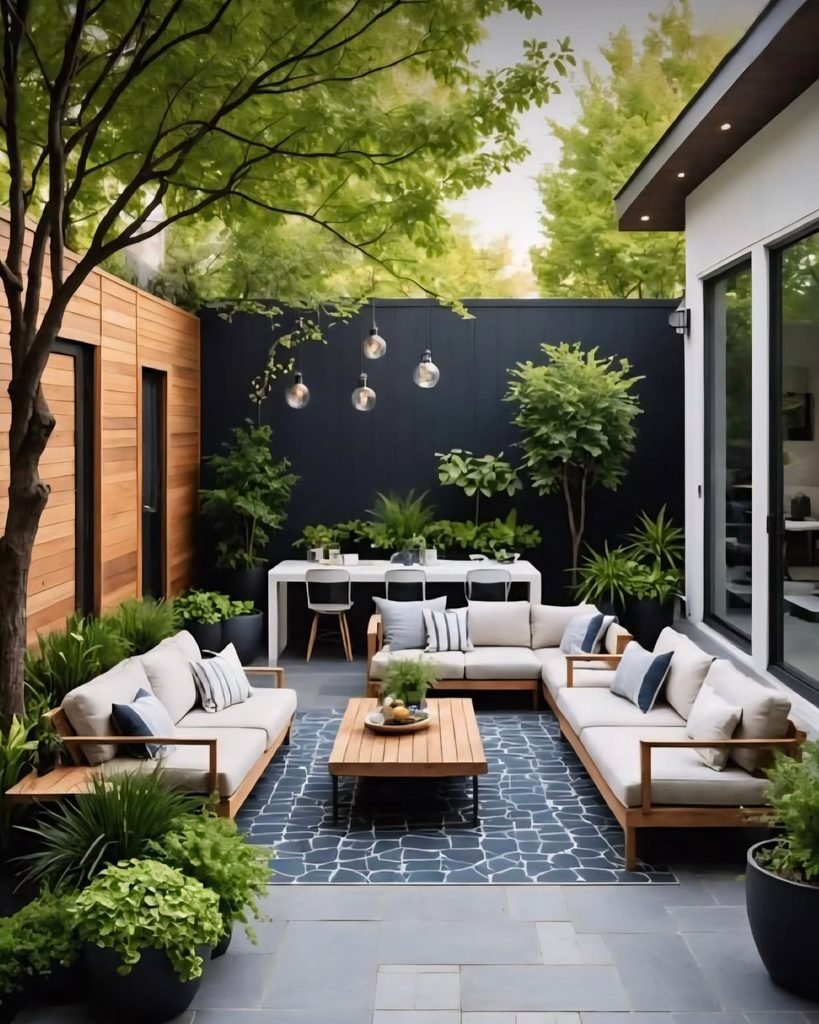 modern outdoor patio featuring white sectional sofas, a wooden coffee table, and lush potted green plants