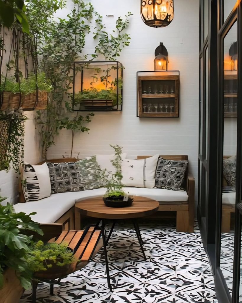 cozy apartment patio with a wooden corner bench, round table, and black patterned tiles