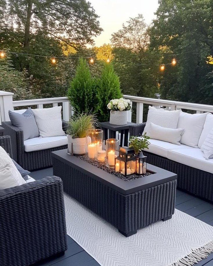 raised deck patio at dusk featuring dark wicker furniture, a central fire table, and candles
