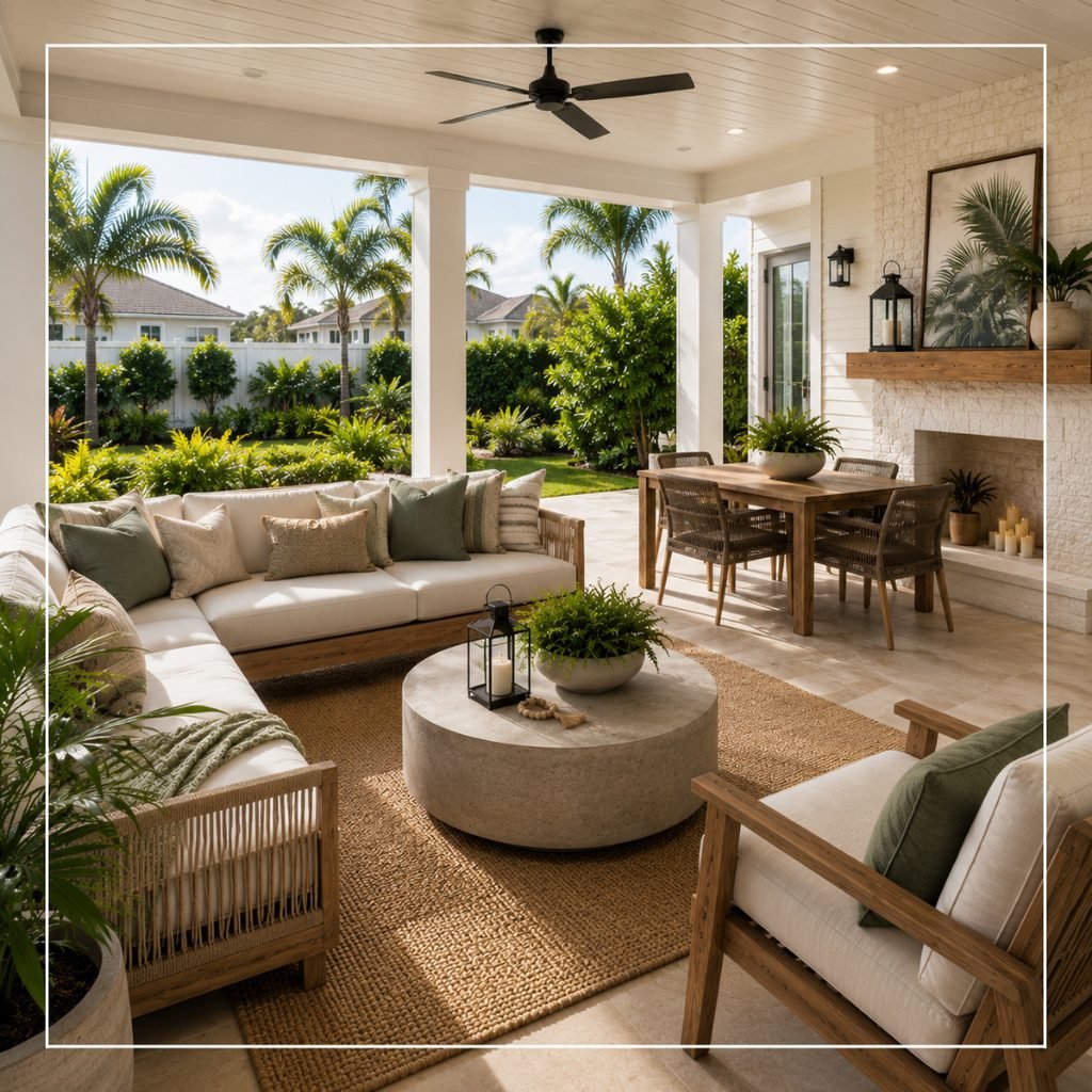 bright covered patio with an outdoor sectional, woven rug, concrete coffee table, and palm trees
