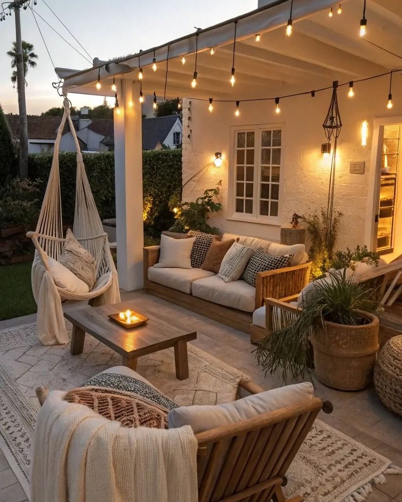 bohemian patio at night with a hanging hammock chair, glowing string lights, and comfy seating