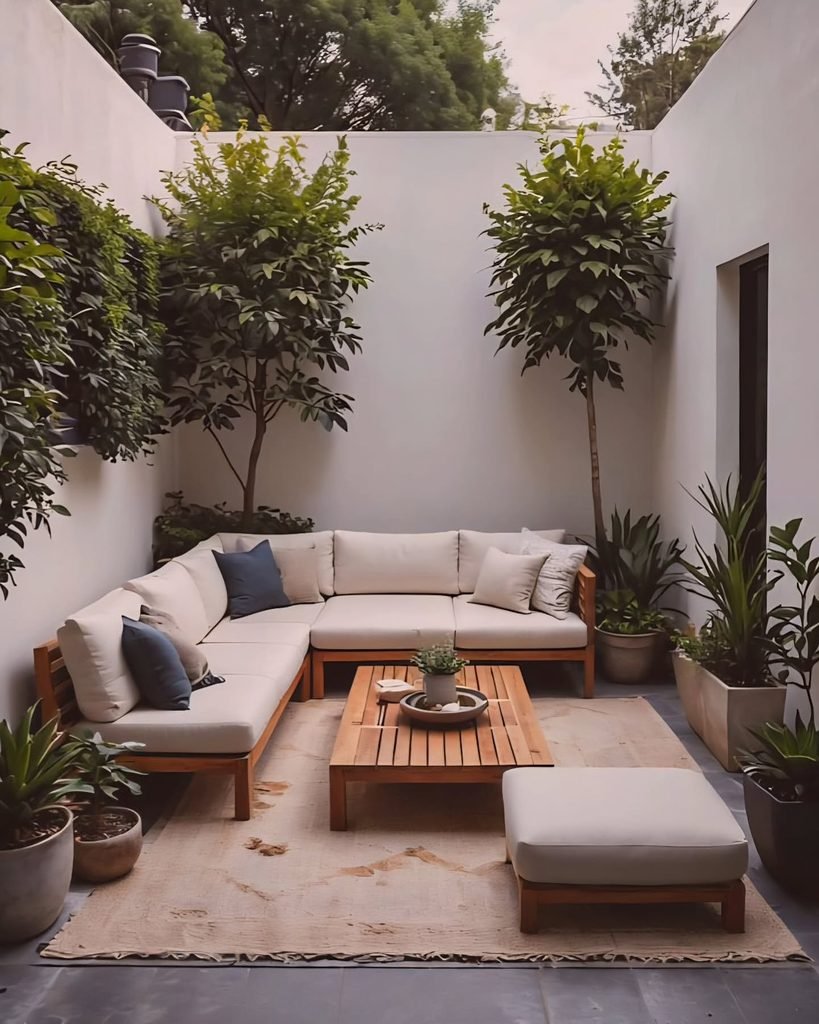 minimalist courtyard patio with a cream sectional sofa, wooden coffee table, and tall potted trees