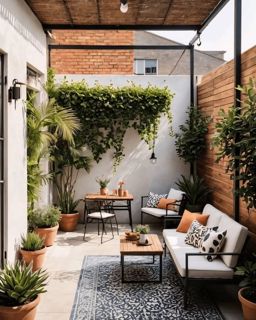 small urban patio featuring a white loveseat, wooden accent wall, and hanging green vines