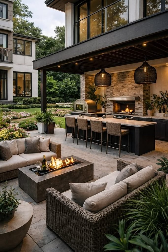 luxurious outdoor kitchen and patio dining area next to a contemporary stone fire pit table