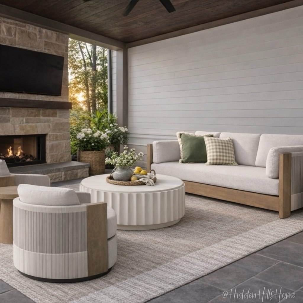 covered patio living space with a white sofa, fluted round coffee table, and stone fireplace
