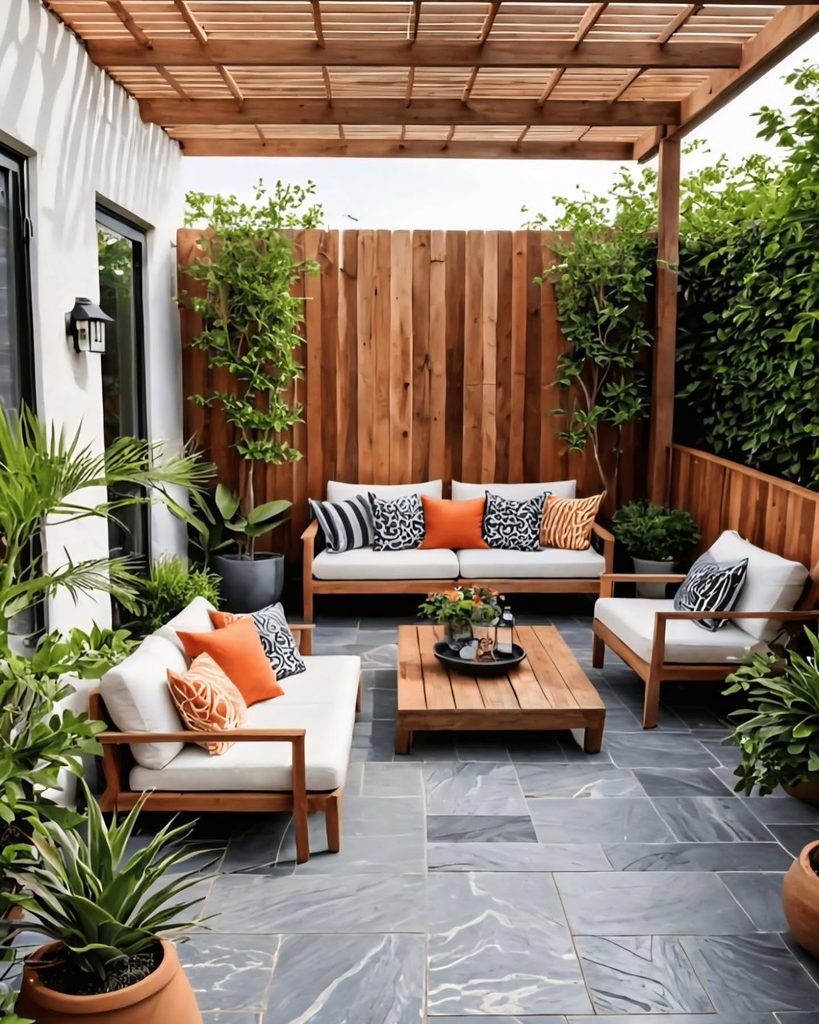 modern slate patio with wooden frame sofas, vibrant orange accent pillows, and a slatted pergola