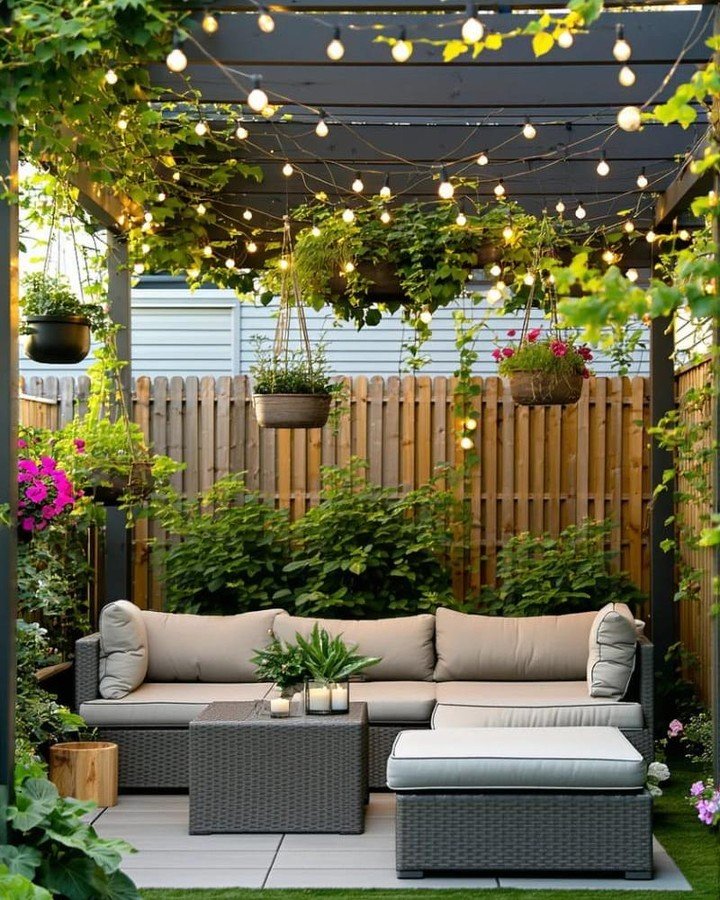 cozy wicker patio sofa under a wooden pergola decorated with hanging plants and string lights