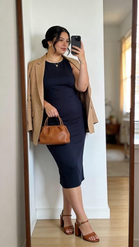 woman in a mirror selfie wearing a black dress, tan blazer, and brown heels
