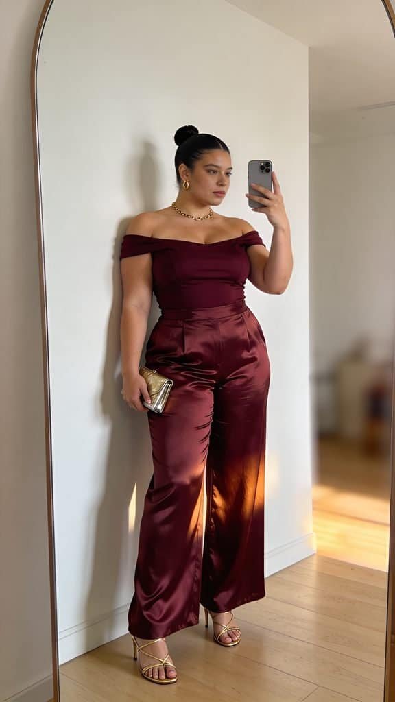 woman posing in a mirror wearing a maroon off-the-shoulder top and satin wide-leg pants