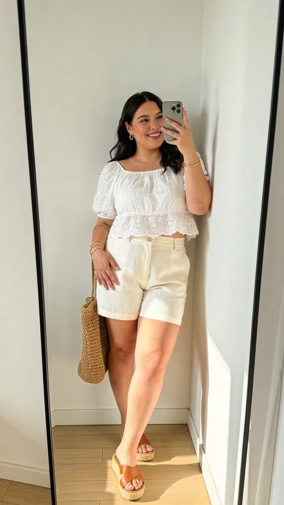 woman taking a mirror selfie in a white eyelet top and cream linen shorts
