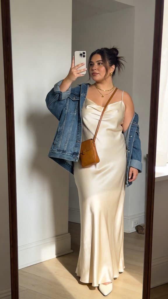 woman taking a mirror selfie in a cream satin slip dress and denim jacket