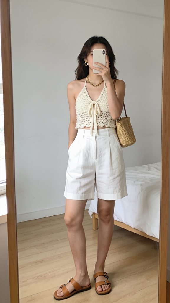 woman wearing cream crochet halter top and white tailored shorts mirror selfie