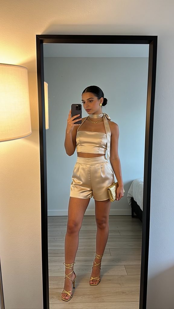 woman wearing champagne satin halter crop top and matching shorts mirror selfie