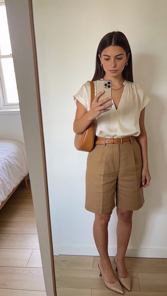 woman wearing cream silk blouse and tan linen shorts holding brown leather bag