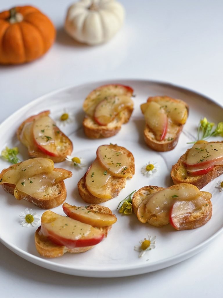 crisp apple and cheddar crostini arranged on a white serving plate with mini pumpkins