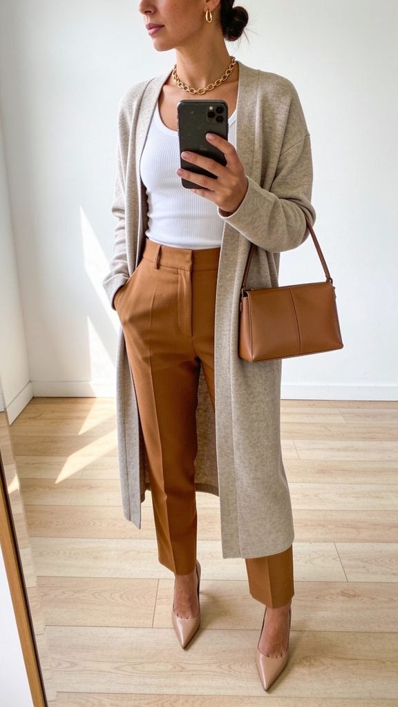 woman wearing long beige cardigan, white top, brown trousers, and nude heels
