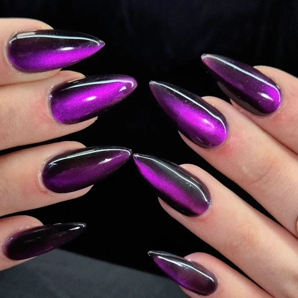 pointed stiletto purple cat eye nails with a glossy dark velvet finish