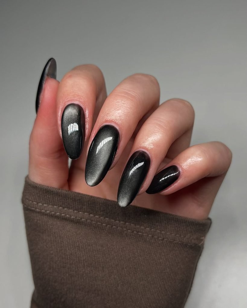 long oval dark grey cat eye nails with a bright reflective center stripe
