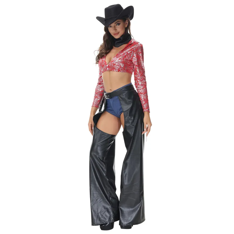woman wearing a cowgirl costume with a black cowboy hat crop top and chaps