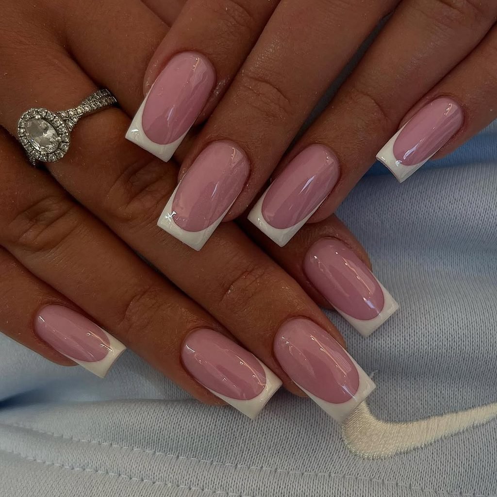 long square french manicure with pink base and white tips