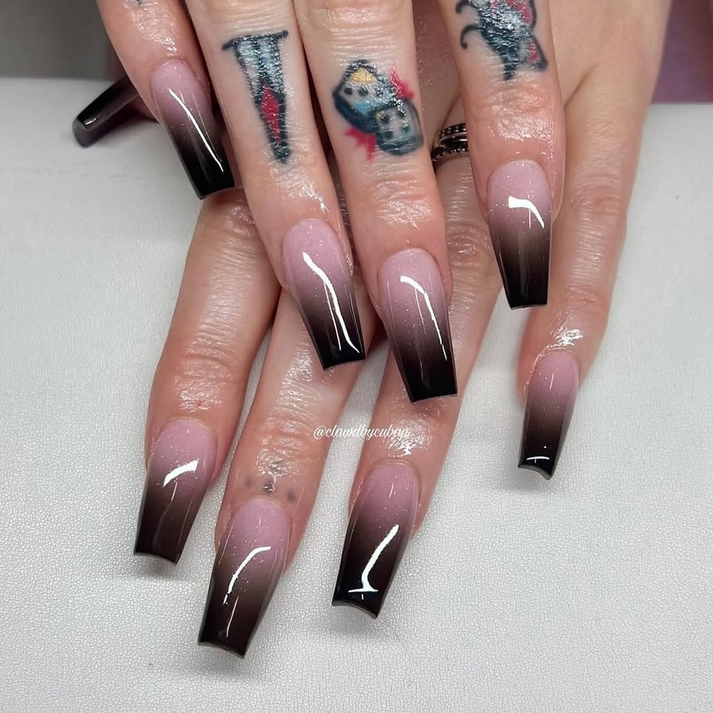 long coffin manicured nails with black and nude ombre gradient polish