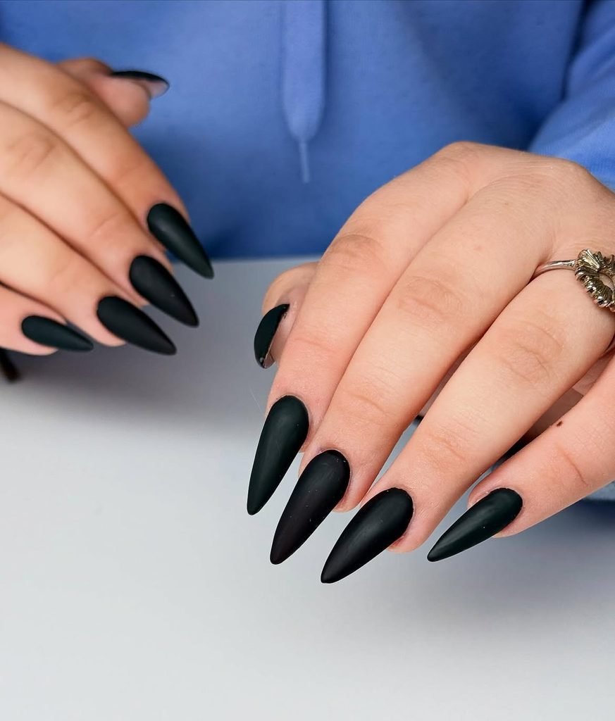 long pointed stiletto nails painted with matte black nail polish