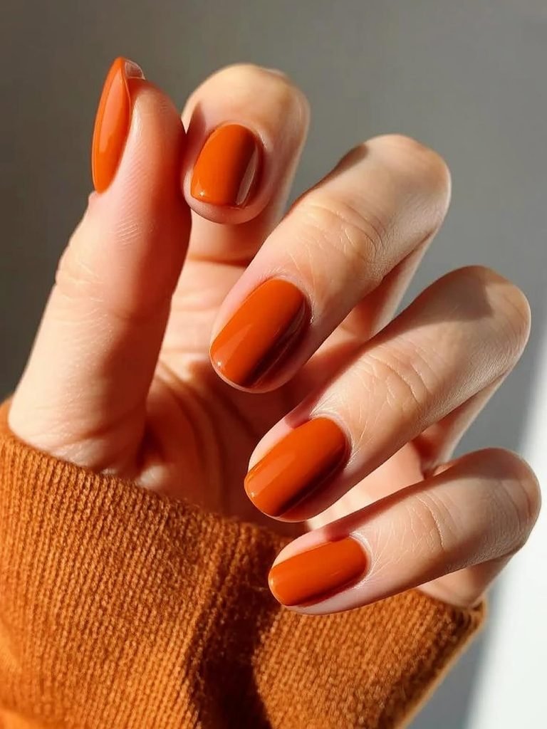 burnt orange glossy short manicured nails sticking out of knitted sweater sleeve