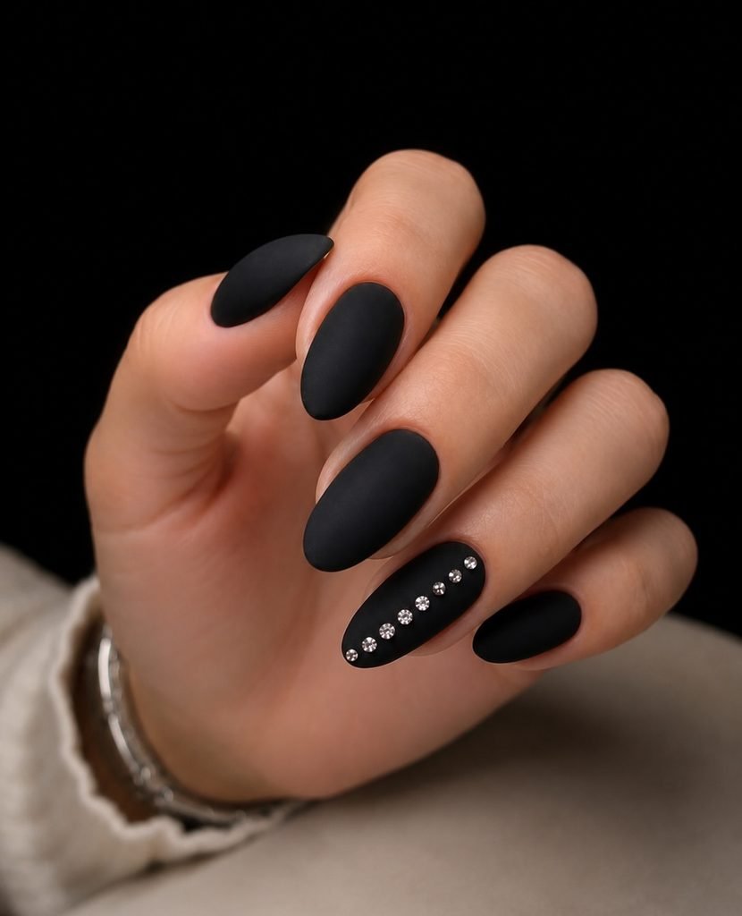 matte black almond nails with a line of small rhinestones on ring finger