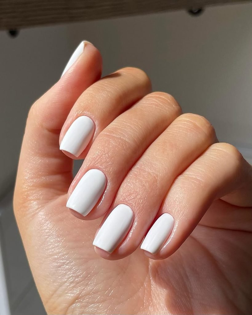 short square nails painted in a solid smooth matte white gel polish