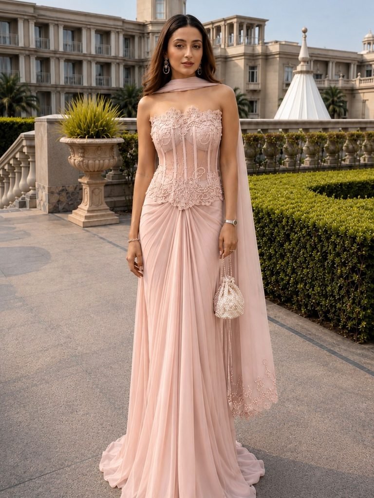woman wearing a strapless blush pink lace dress holding a beaded handbag