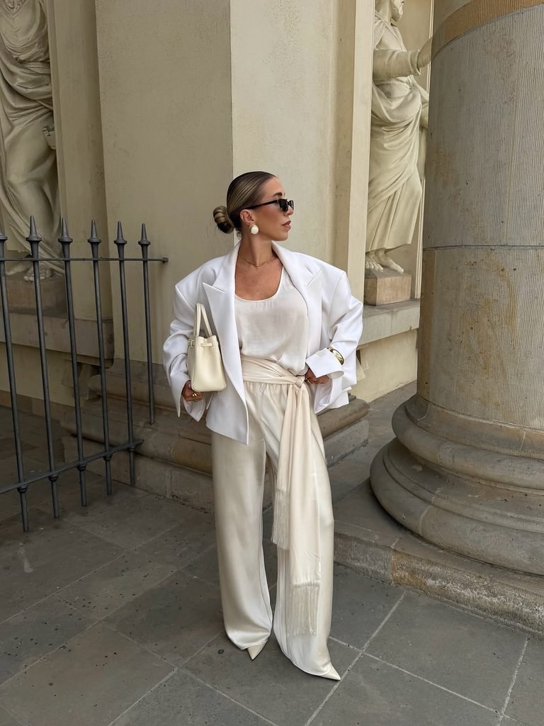 woman wearing an oversized white blazer and cream silk wide leg trousers