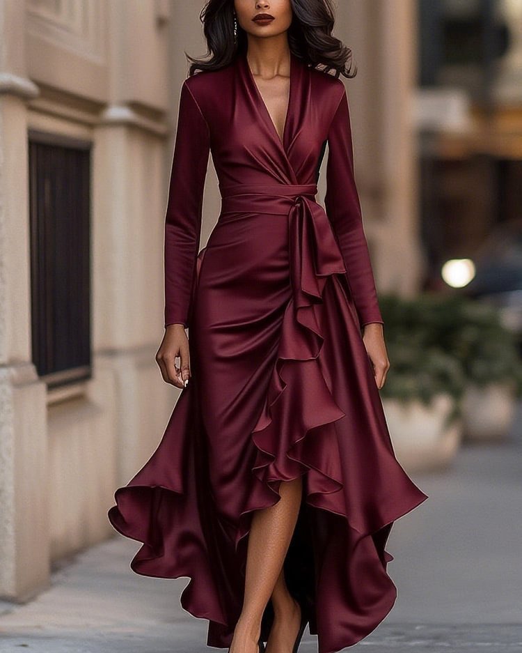 woman wearing a long sleeved burgundy satin wrap gown with ruffled details