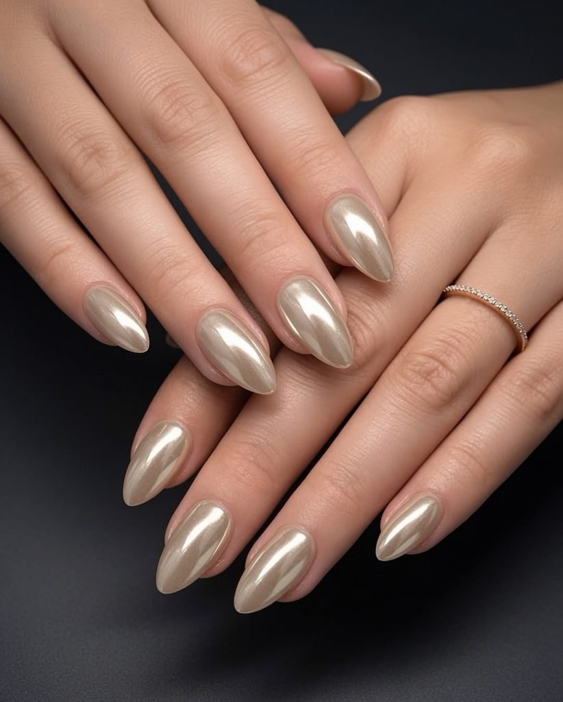 glossy metallic champagne chrome almond nails with a gold ring