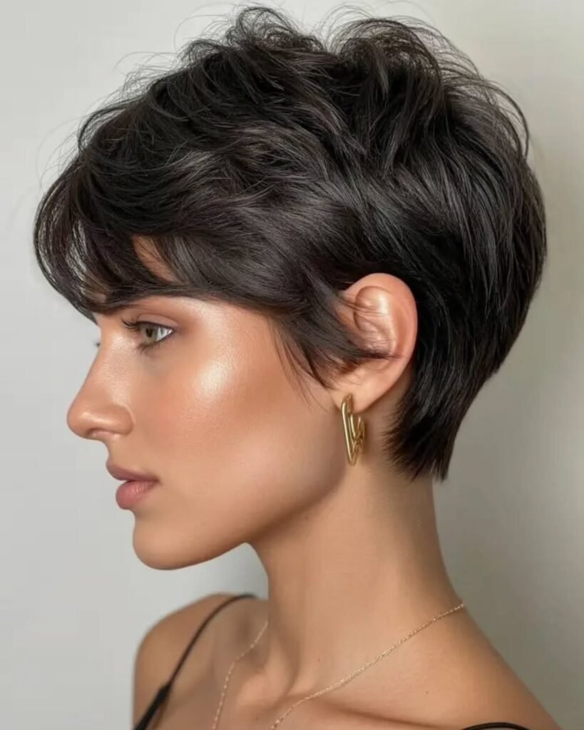 short layered black pixie haircut with voluminous tousled texture and side-swept bangs
